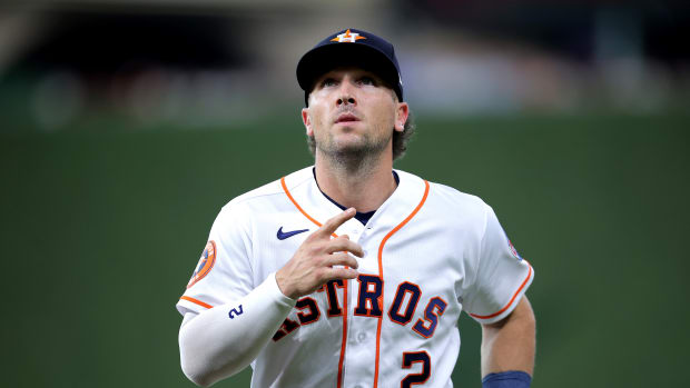Apr 19, 2023; Houston, Texas, USA; Houston Astros third baseman Alex Bregman (2) looks upwards prior to the game against the Toronto Blue Jays at Minute Maid Park. Mandatory Credit: Erik Williams-USA TODAY Sports